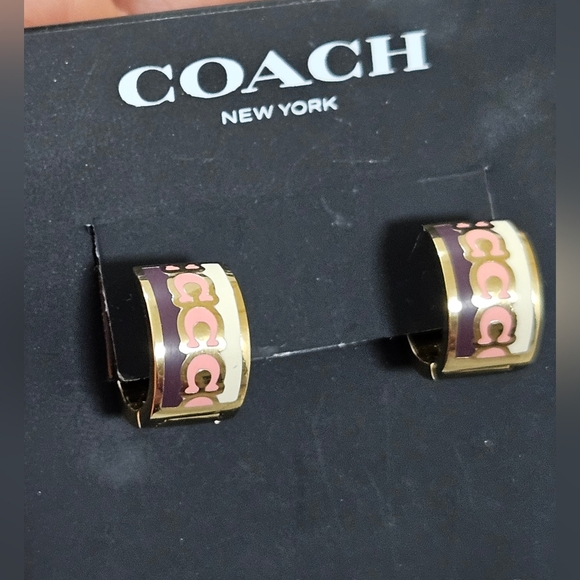 COACH NEW YORK GOLD ENAMEL PURPLE & PINK ENAMEL HOOP EARRINGS $85 - Picture 8 of 12
